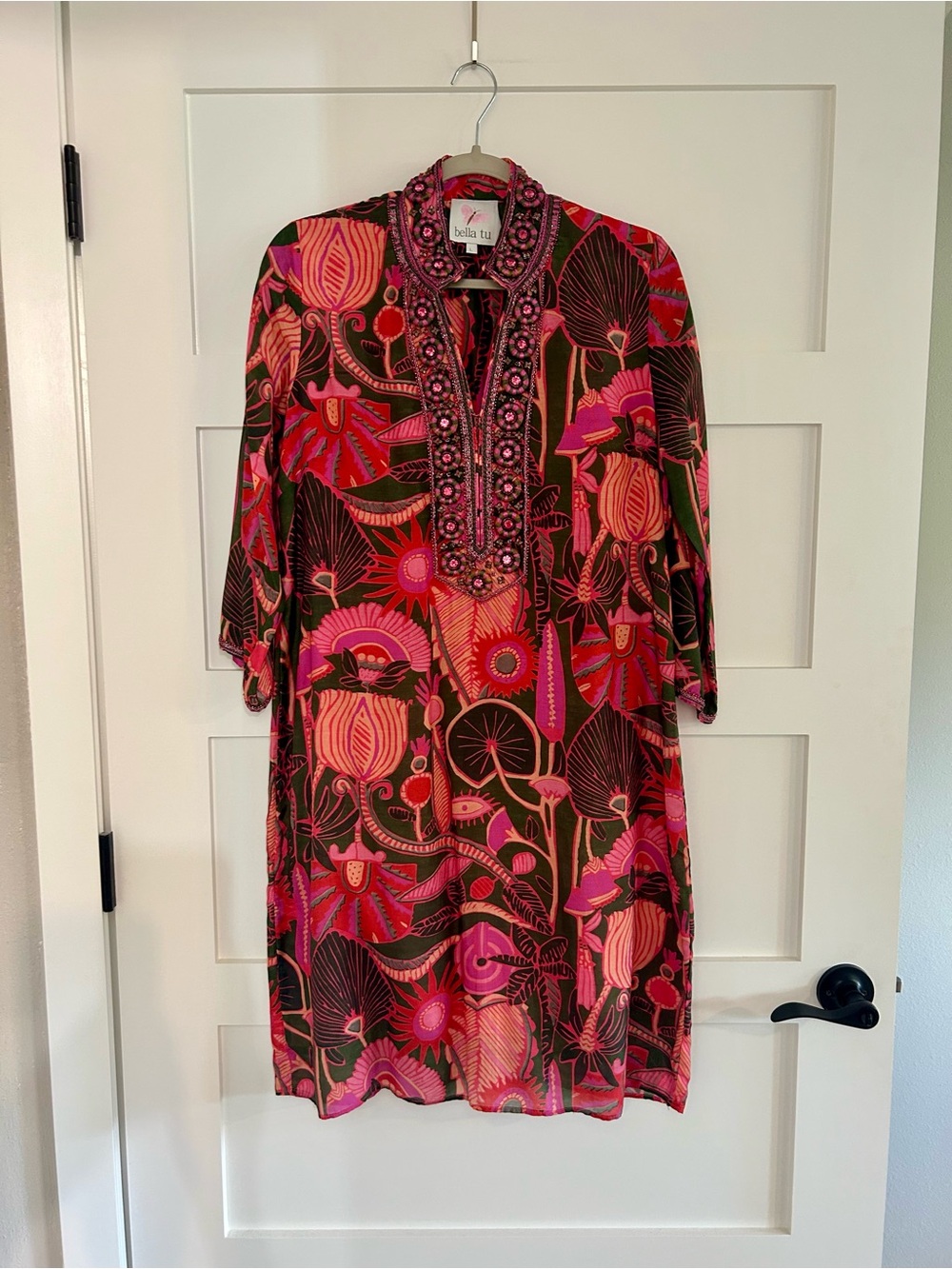 Bella Tu Vibrant Floral Tunic Dress in Pink & Brown Size Large